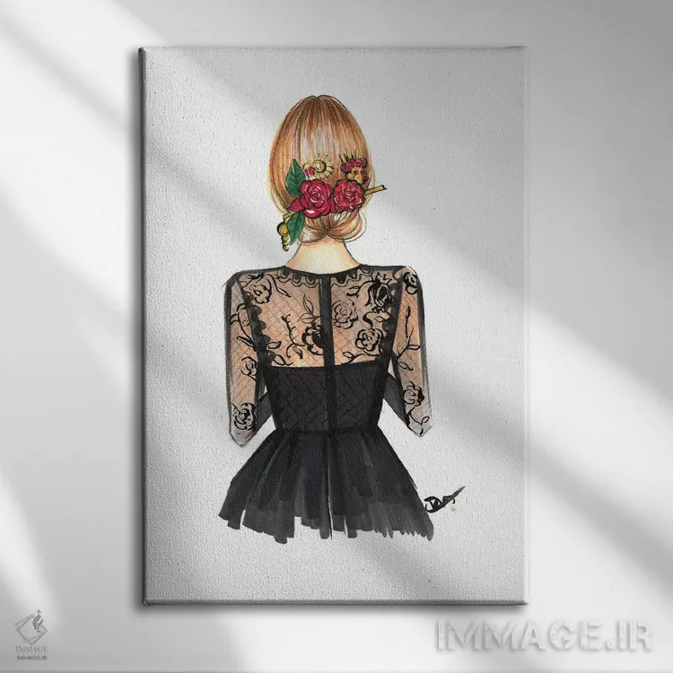 تابلو دکوراتیو تور سیاه و گل رز اثر رونگرونگ دوو - نمای روبهرو روی دیوار