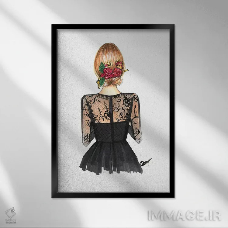 تابلو دکوراتیو تور سیاه و گل رز اثر رونگرونگ دوو - نمای قابدار مشکی