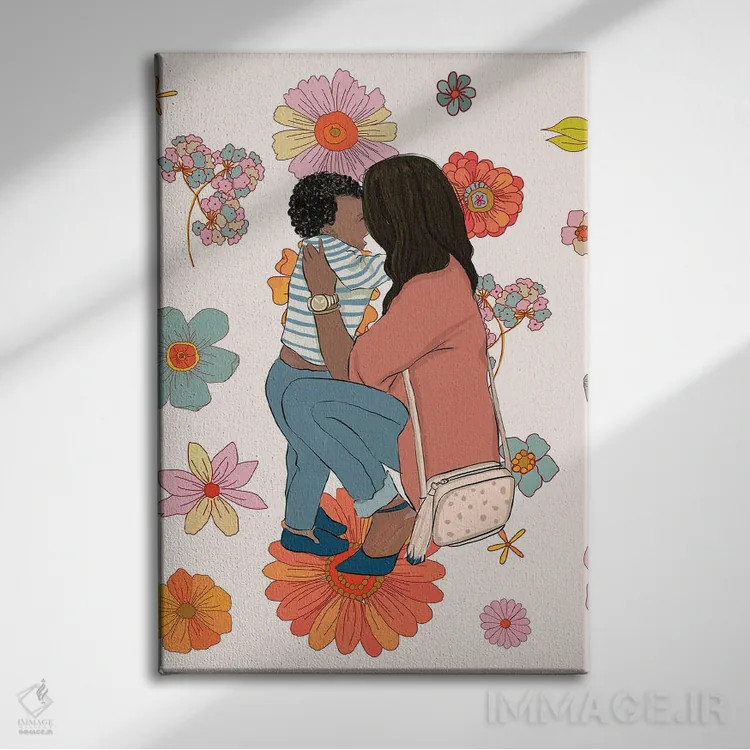 تابلو دکوراتیو مادر و فرزند با گل ها اثر رونگرونگ دوو - نمای روبهرو روی دیوار