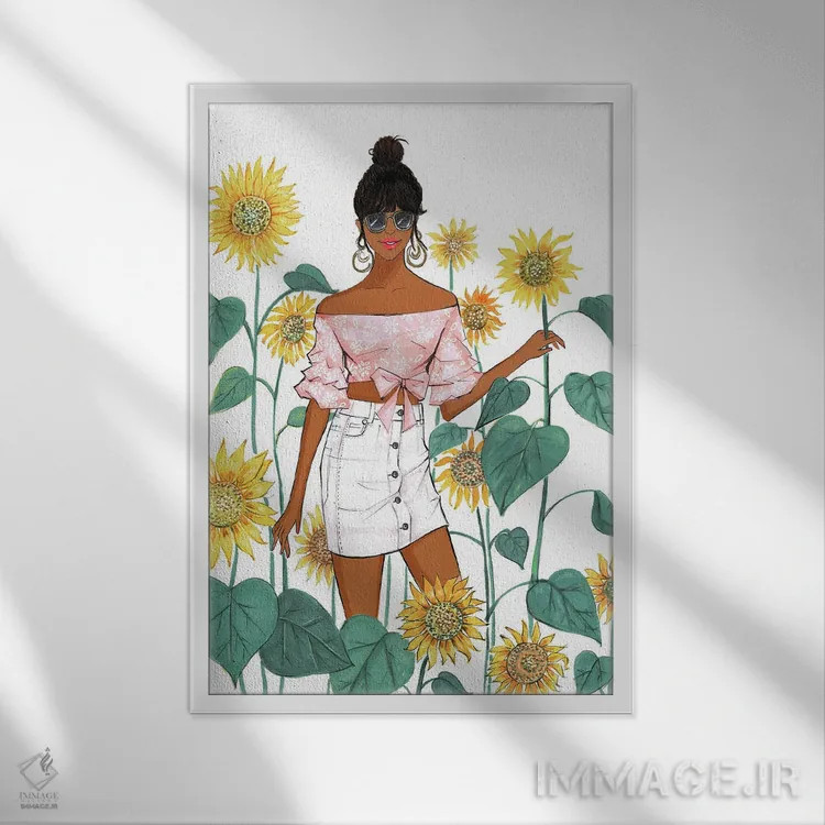 تابلو دکوراتیو دختر آفتابگردان ۲ اثر رونگرونگ دوو - نمای قابدار سفید