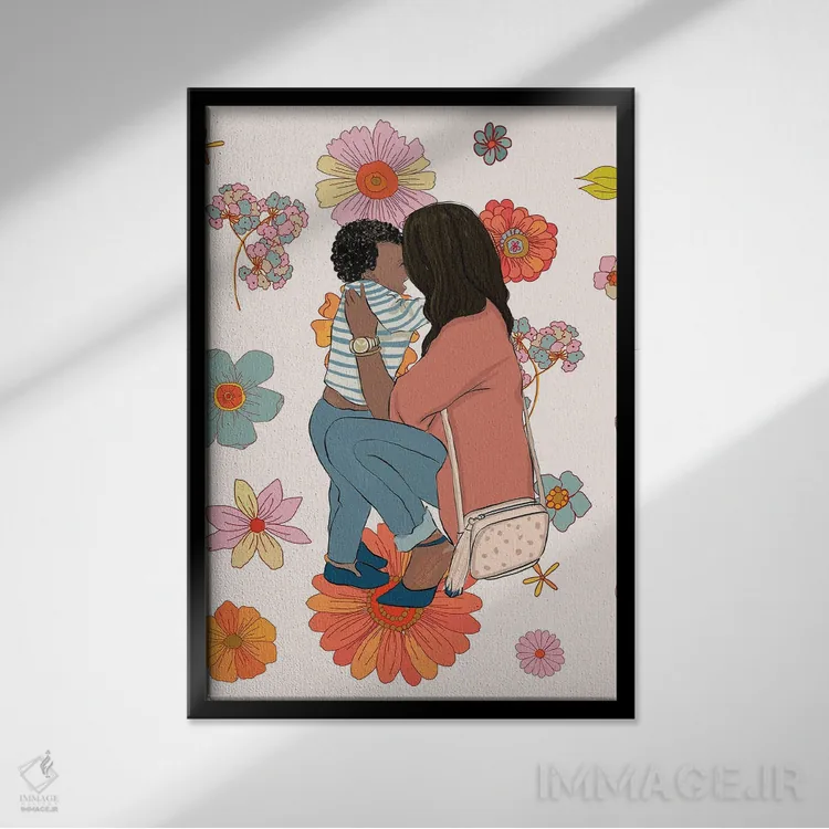 تابلو دکوراتیو مادر و فرزند با گل ها اثر رونگرونگ دوو - نمای قابدار مشکی