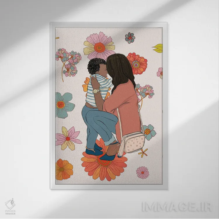 تابلو دکوراتیو مادر و فرزند با گل ها اثر رونگرونگ دوو - نمای قابدار سفید