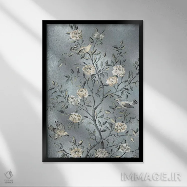 تابلو دکوراتیو چینی کاری نقره ای شماره ۳ اثر رنه کمپبل - نمای قابدار مشکی