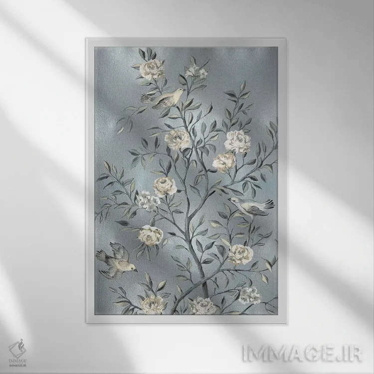 تابلو دکوراتیو چینی کاری نقره ای شماره ۳ اثر رنه کمپبل - نمای قابدار سفید