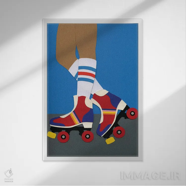 تابلو دکوراتیو دختر اسکیت سوار دهه ۷۰ اثر روزی فایست - نمای قابدار سفید