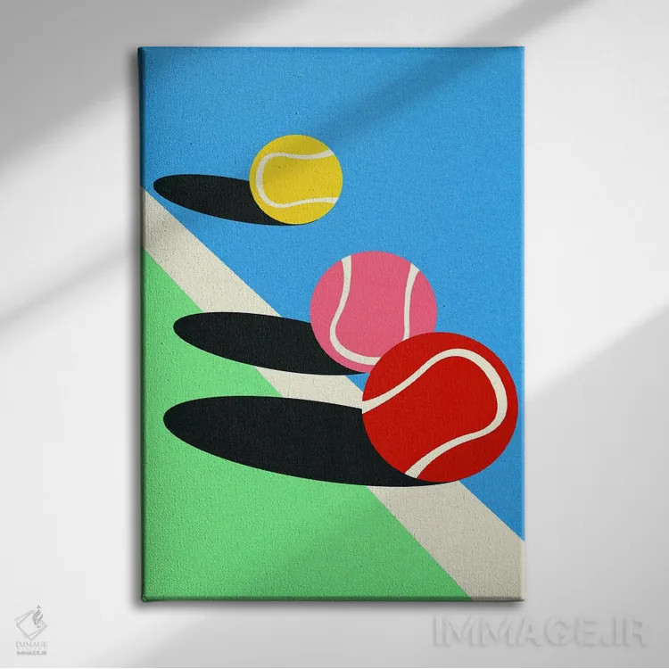 تابلو دکوراتیو سه توپ تنیس اثر روزی فایست - نمای روبهرو روی دیوار