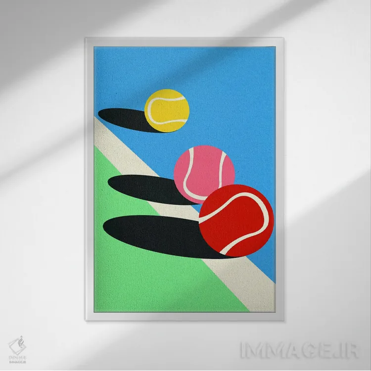 تابلو دکوراتیو سه توپ تنیس اثر روزی فایست - نمای قابدار سفید