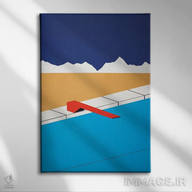 تابلو دکوراتیو استخر بیابانی با تخته شیرجه قرمز اثر روزی فایست - نمای روبهرو روی دیوار