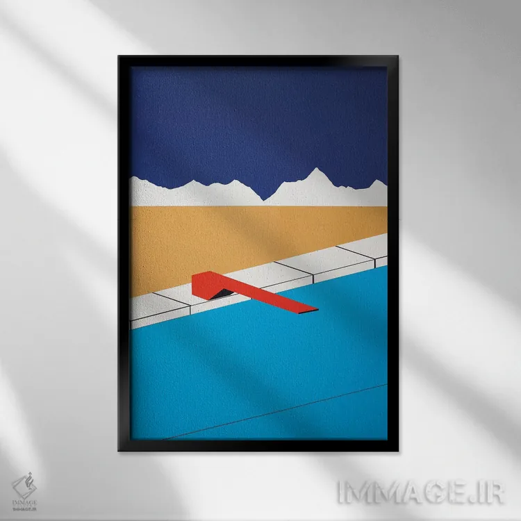 تابلو دکوراتیو استخر بیابانی با تخته شیرجه قرمز اثر روزی فایست - نمای قابدار مشکی