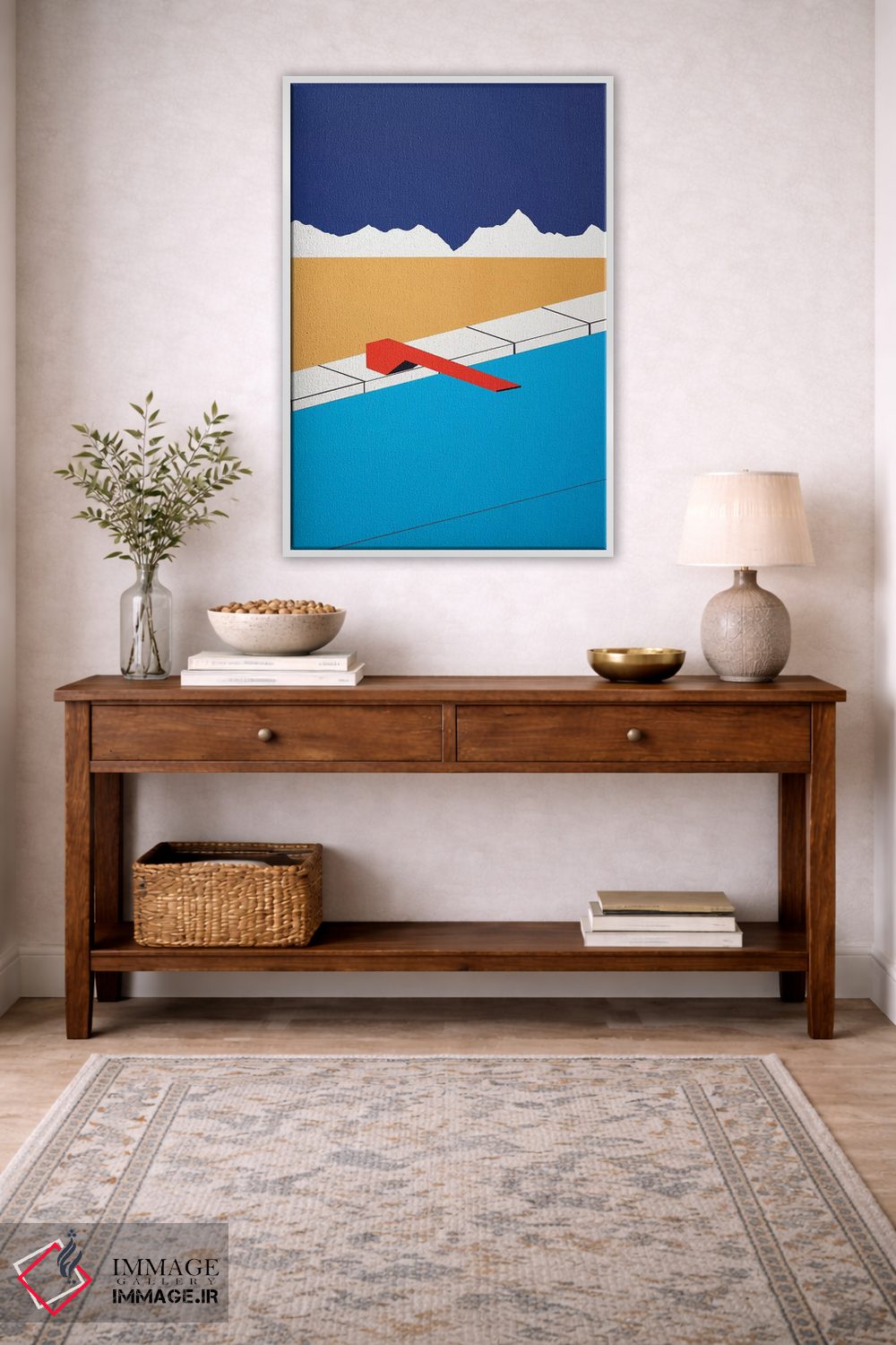 تابلو دکوراتیو استخر بیابانی با تخته شیرجه قرمز اثر روزی فایست - D2W