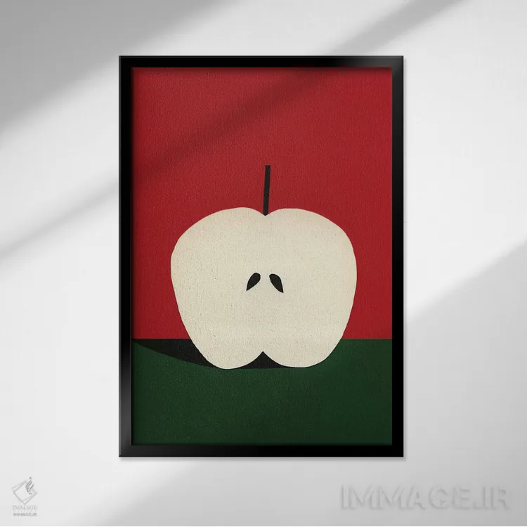 تابلو مینیمال نیمه سیب قرمز اثر روزی فایست - نمای قابدار مشکی