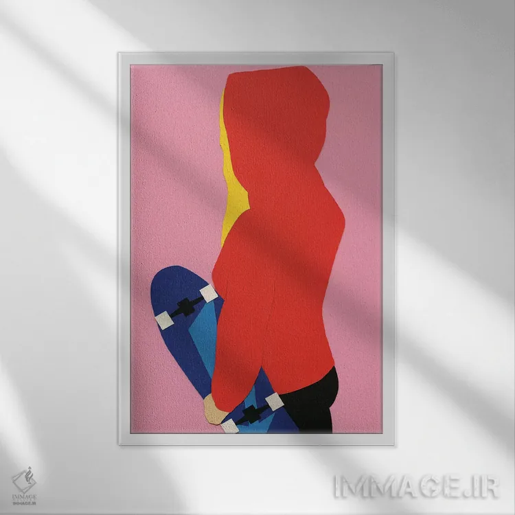 تابلو دکوراتیو دختر اسکیت باز با هودی قرمز اثر روزی فایست - نمای قابدار سفید