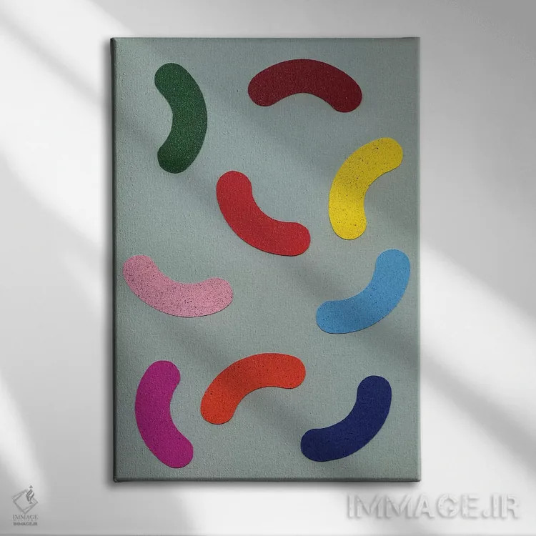 تابلو مینیمال تزیینات رنگی پراکنده اثر روزی فایست - نمای روبهرو روی دیوار