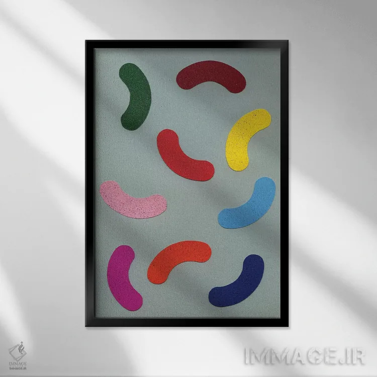 تابلو مینیمال تزیینات رنگی پراکنده اثر روزی فایست - نمای قابدار مشکی
