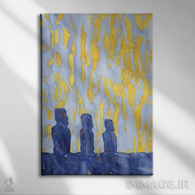 تابلو انتزاعی مجسمه های موی جزیره ایستر در حالت سایه نما اثر رایان فاکس - نمای روبهرو روی دیوار