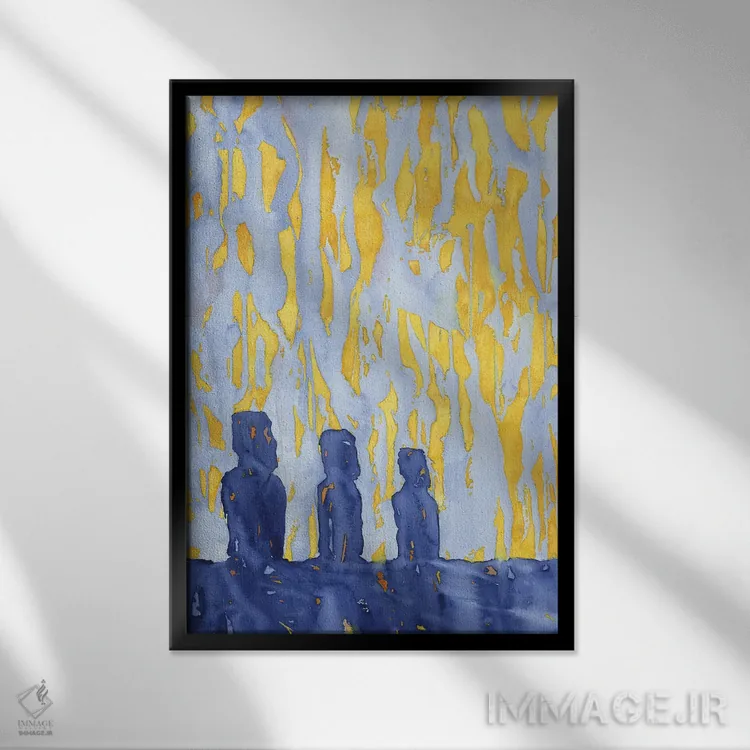 تابلو انتزاعی مجسمه های موی جزیره ایستر در حالت سایه نما اثر رایان فاکس - نمای قابدار مشکی