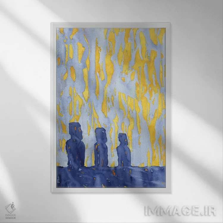 تابلو انتزاعی مجسمه های موی جزیره ایستر در حالت سایه نما اثر رایان فاکس - نمای قابدار سفید