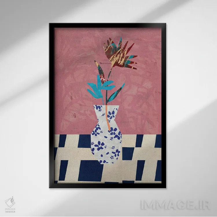 تابلو مدرن گلدان با پس زمینه صورتی اثر روژریو آرودا - نمای قابدار مشکی