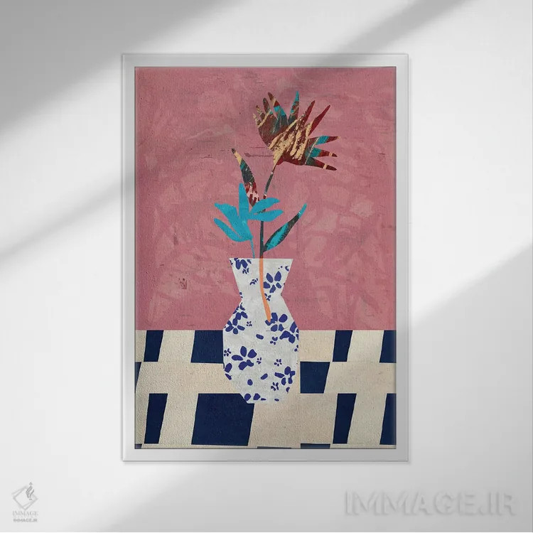 تابلو مدرن گلدان با پس زمینه صورتی اثر روژریو آرودا - نمای قابدار سفید