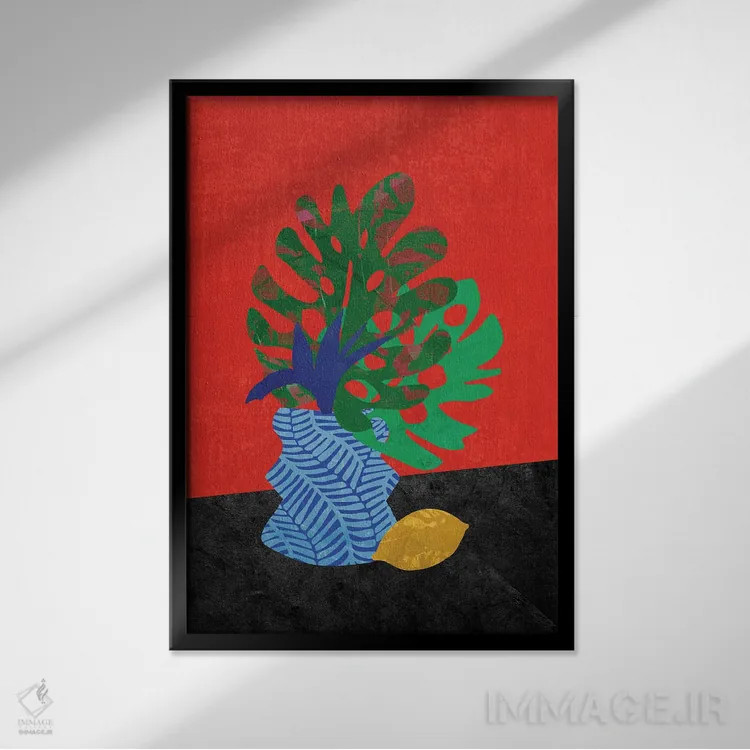 تابلو مدرن گلدان و میوه اثر روژریو آرودا - نمای قابدار مشکی