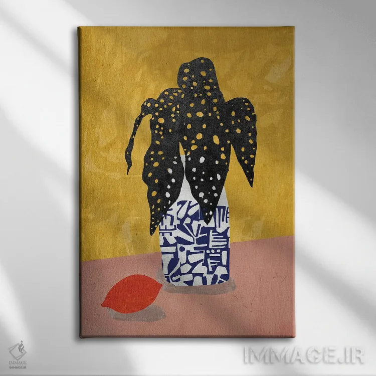تابلو مدرن گلدان برگ مشکی اثر روژریو آرودا - نمای روبهرو روی دیوار