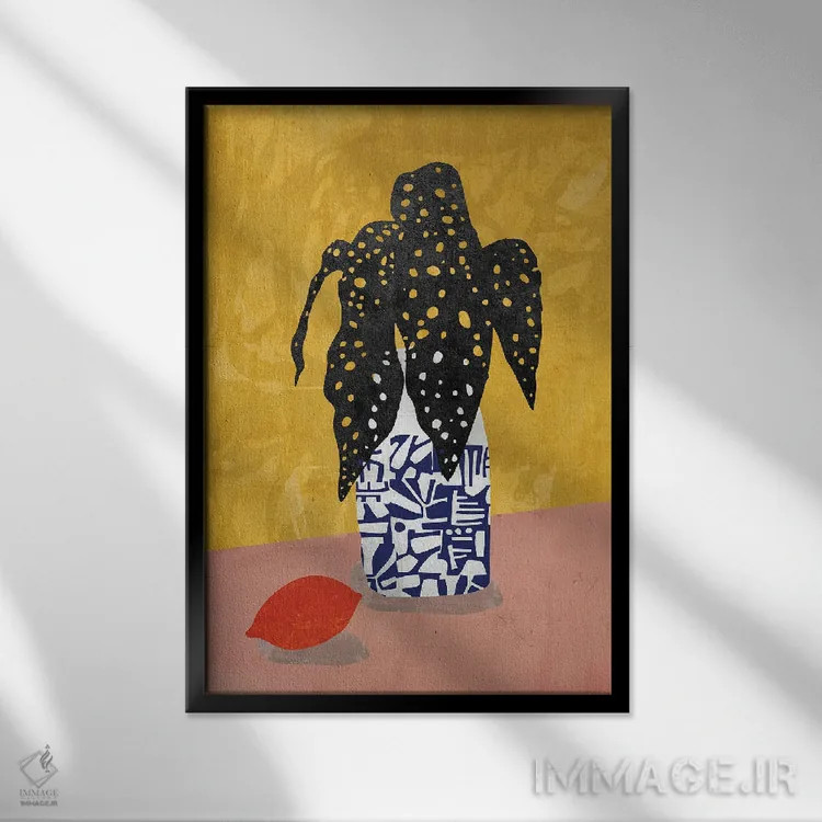 تابلو مدرن گلدان برگ مشکی اثر روژریو آرودا - نمای قابدار مشکی