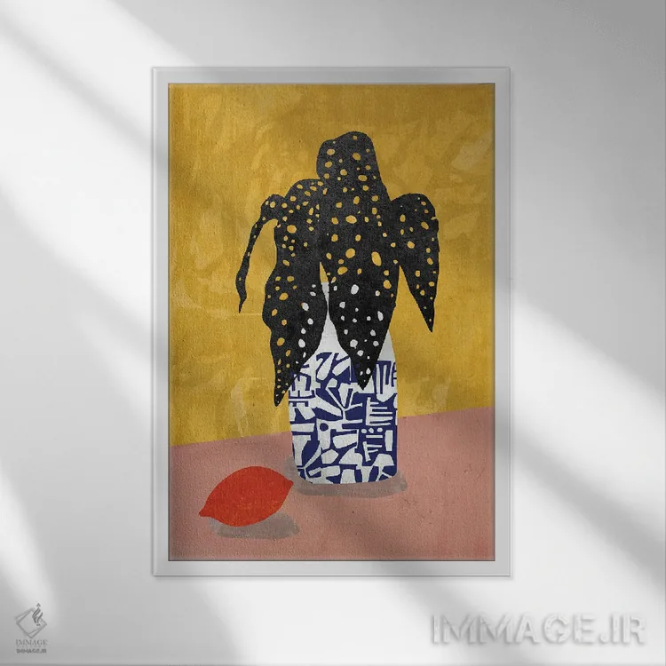 تابلو مدرن گلدان برگ مشکی اثر روژریو آرودا - نمای قابدار سفید