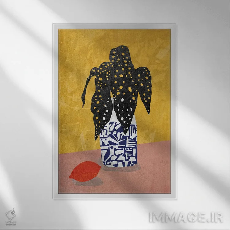 تابلو مدرن گلدان برگ مشکی اثر روژریو آرودا - نمای قابدار سفید