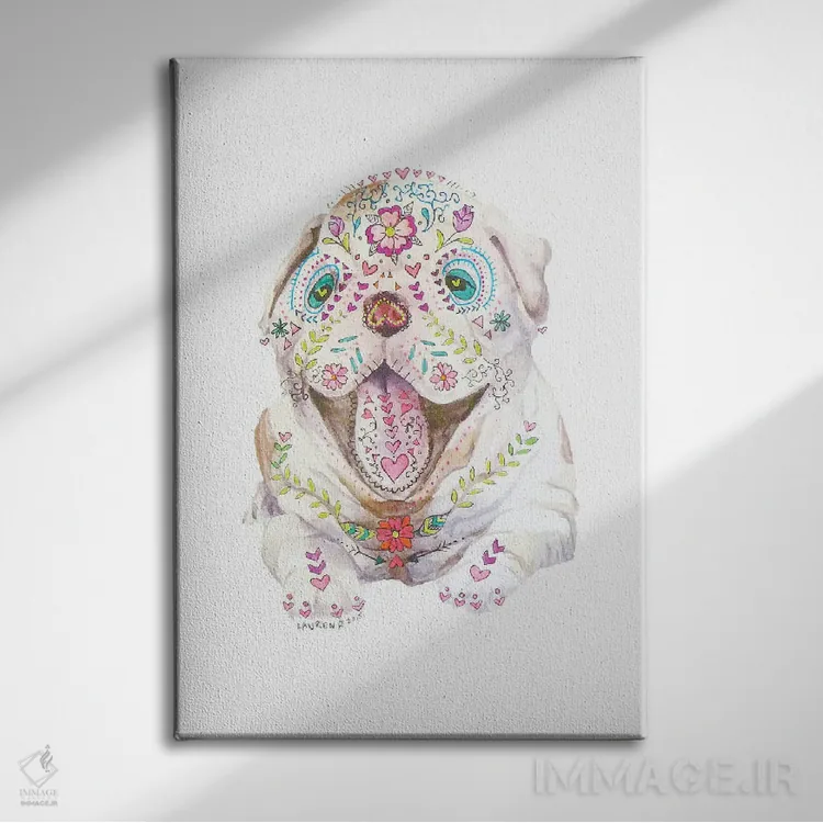 تابلو دکوراتیو توله بولداگ آبرنگی با جمجمه قندی کالاورا اثر واندرینگ لور - نمای روبهرو روی دیوار
