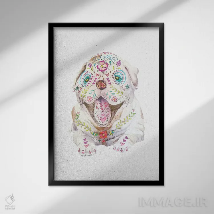 تابلو دکوراتیو توله بولداگ آبرنگی با جمجمه قندی کالاورا اثر واندرینگ لور - نمای قابدار مشکی