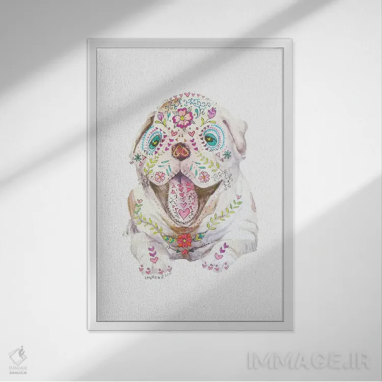 تابلو دکوراتیو توله بولداگ آبرنگی با جمجمه قندی کالاورا اثر واندرینگ لور - نمای قابدار سفید