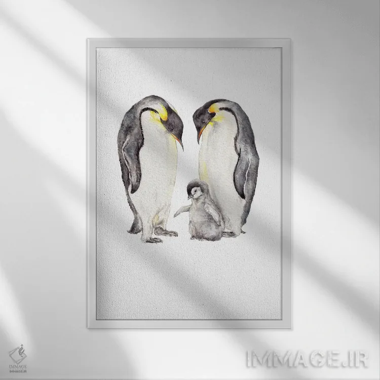 تابلو دکوراتیو خانواده پنگوئن آبرنگی اثر واندرینگ لور - نمای قابدار سفید