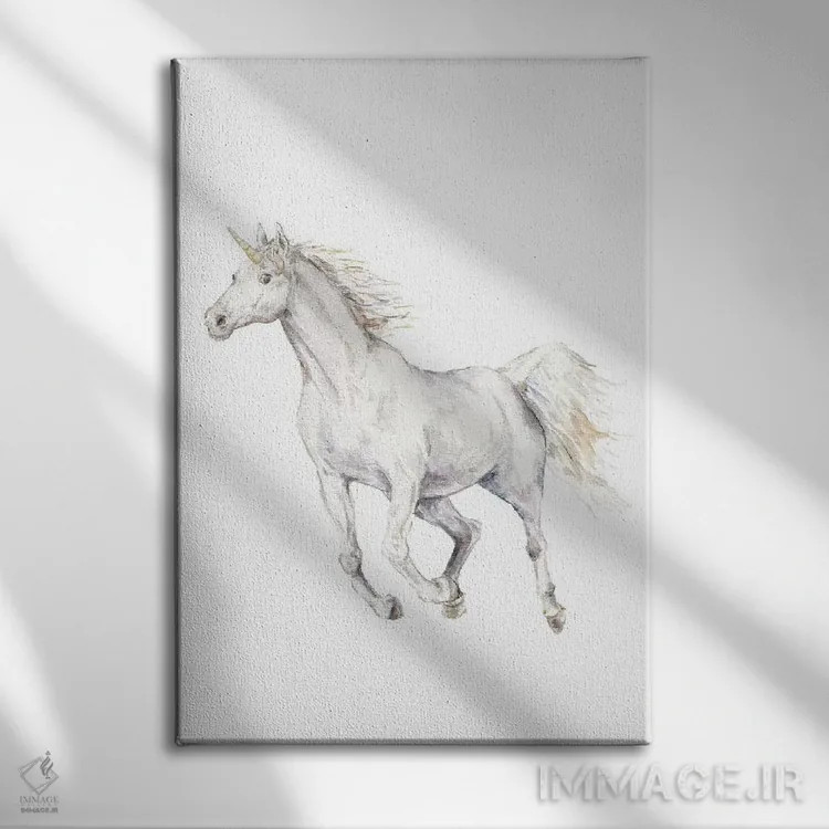 تابلو دکوراتیو اسب تک شاخ اثر واندرینگ لور - نمای روبهرو روی دیوار