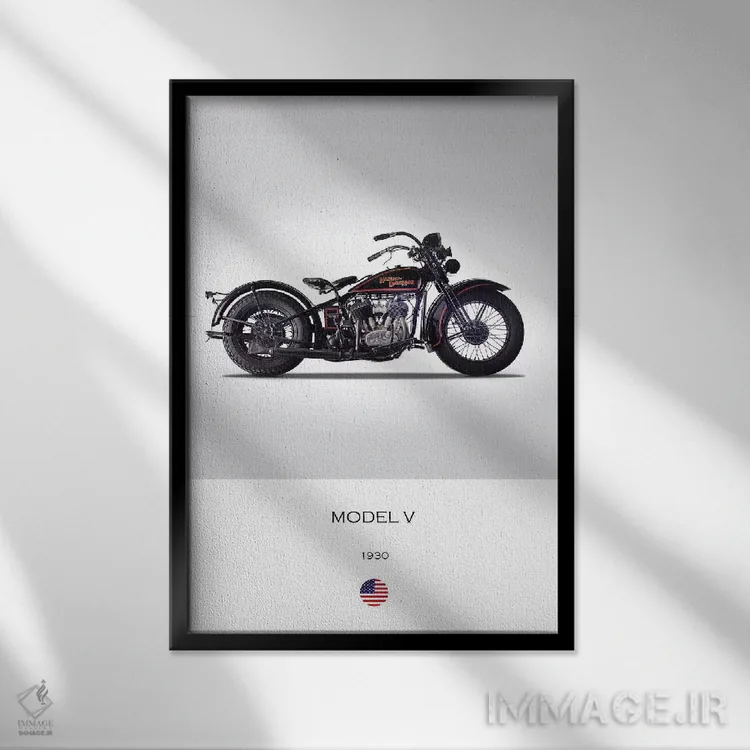 تابلو دکوراتیو موتورسیکلت هارلی-دیویدسون مدل V سال ۱۹۳۰ اثر مارک روگان - نمای قابدار مشکی