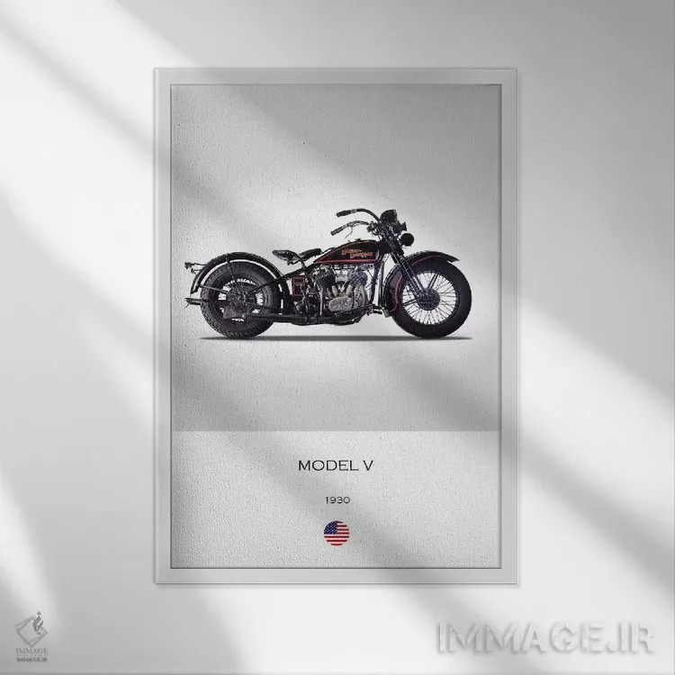 تابلو دکوراتیو موتورسیکلت هارلی-دیویدسون مدل V سال ۱۹۳۰ اثر مارک روگان - نمای قابدار سفید