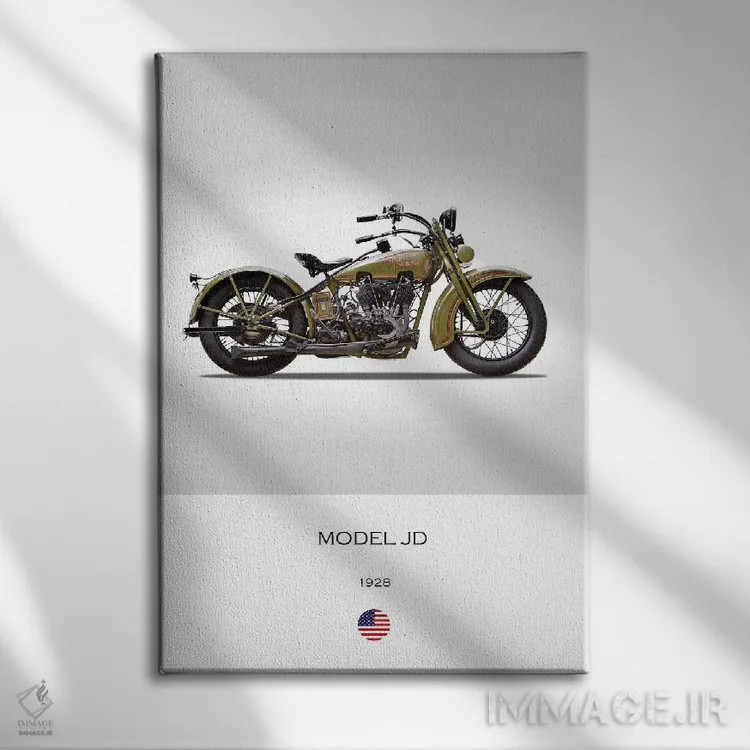 تابلو دکوراتیو موتورسیکلت هارلی-دیویدسون مدل JD سال ۱۹۲۸ اثر مارک روگان - نمای روبهرو روی دیوار