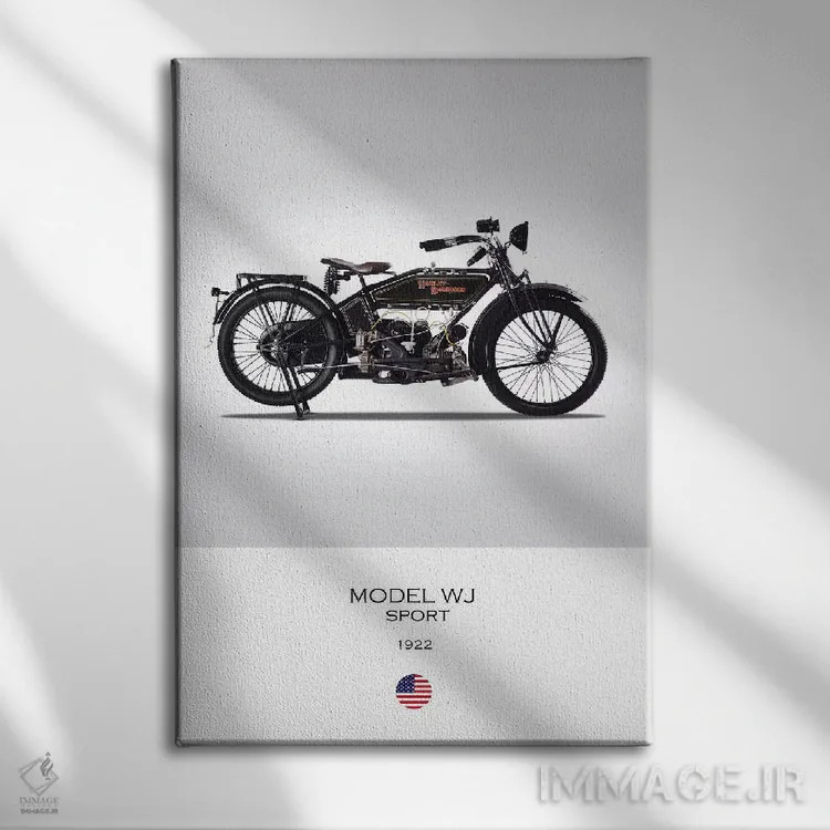 تابلو دکوراتیو موتورسیکلت هارلی-دیویدسون مدل WJ سال ۱۹۲۲ اثر مارک روگان - نمای روبهرو روی دیوار