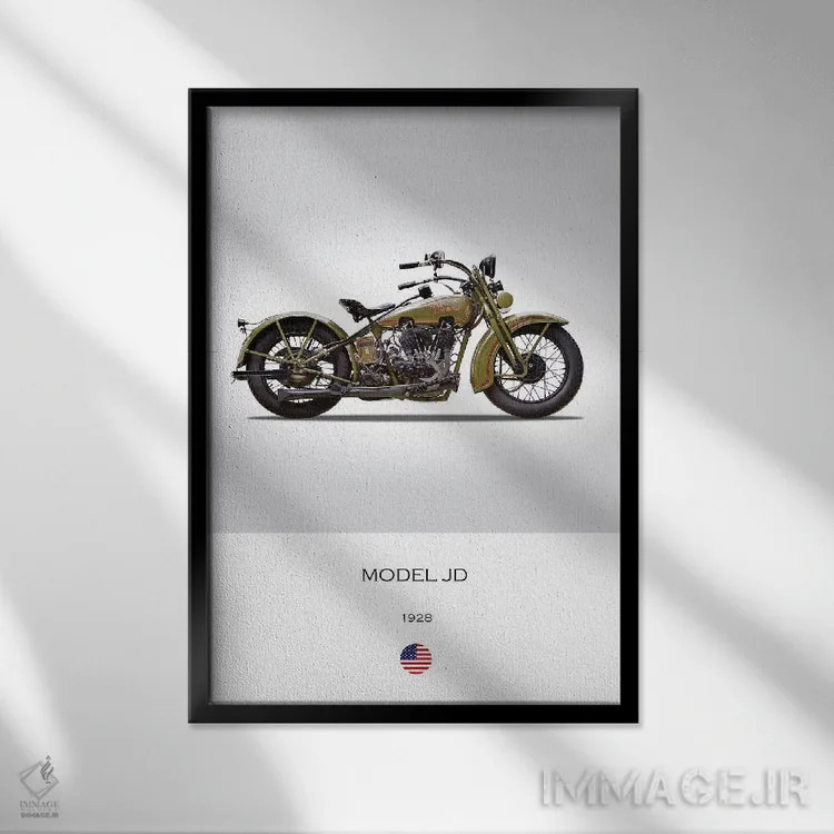 تابلو دکوراتیو موتورسیکلت هارلی-دیویدسون مدل JD سال ۱۹۲۸ اثر مارک روگان - نمای قابدار مشکی