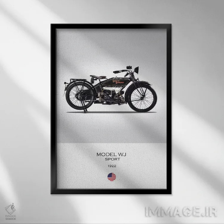 تابلو دکوراتیو موتورسیکلت هارلی-دیویدسون مدل WJ سال ۱۹۲۲ اثر مارک روگان - نمای قابدار مشکی