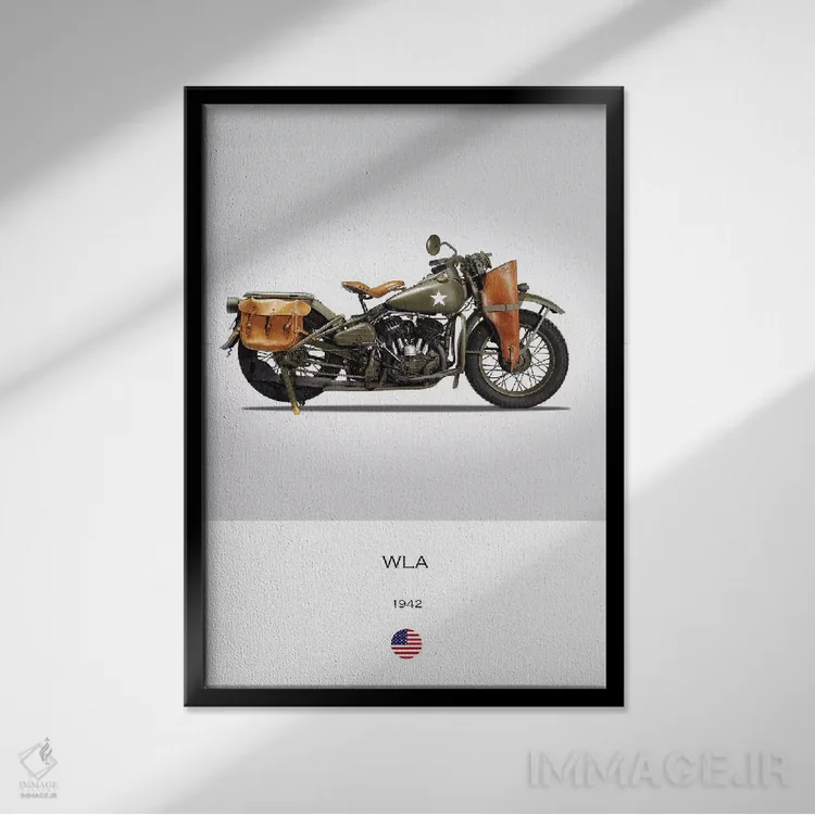 تابلو دکوراتیو موتورسیکلت هارلی-دیویدسون مدل WLA سال ۱۹۴۲ اثر مارک روگان - نمای قابدار مشکی