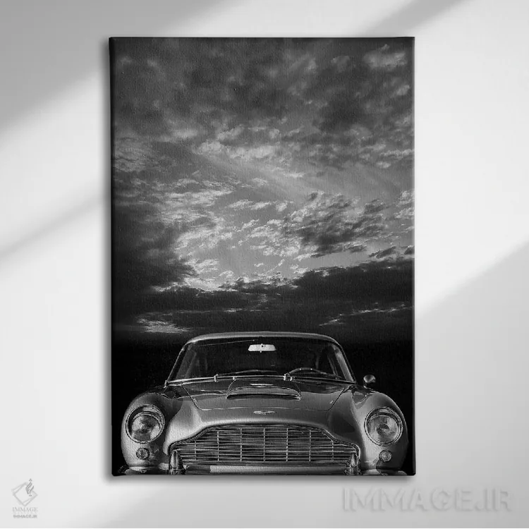 تابلو دکوراتیو نمای جلوی آستون مارتین DB5 اثر مارک روگان - نمای روبهرو روی دیوار
