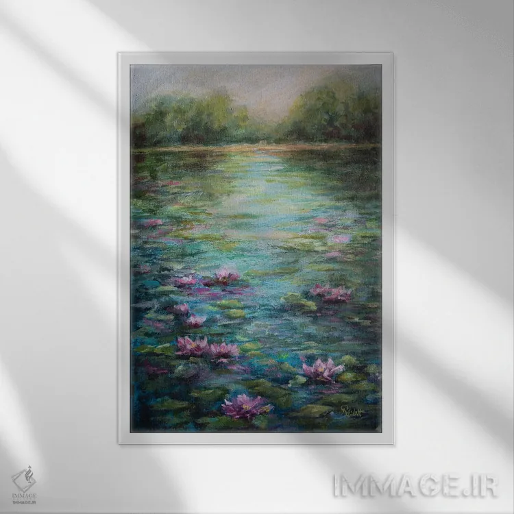 تابلو دکوراتیو دریاچه نیلوفر آبی اثر روت اسلت - نمای قابدار سفید