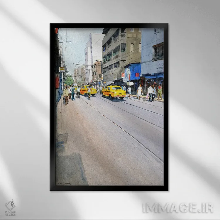 تابلو دکوراتیو Kolkata,تاکسی های زرد، کلکته اثر رامش جاوهر - نمای قابدار مشکی