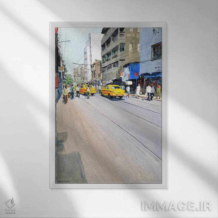 تابلو دکوراتیو Kolkata,تاکسی های زرد، کلکته اثر رامش جاوهر - نمای قابدار سفید