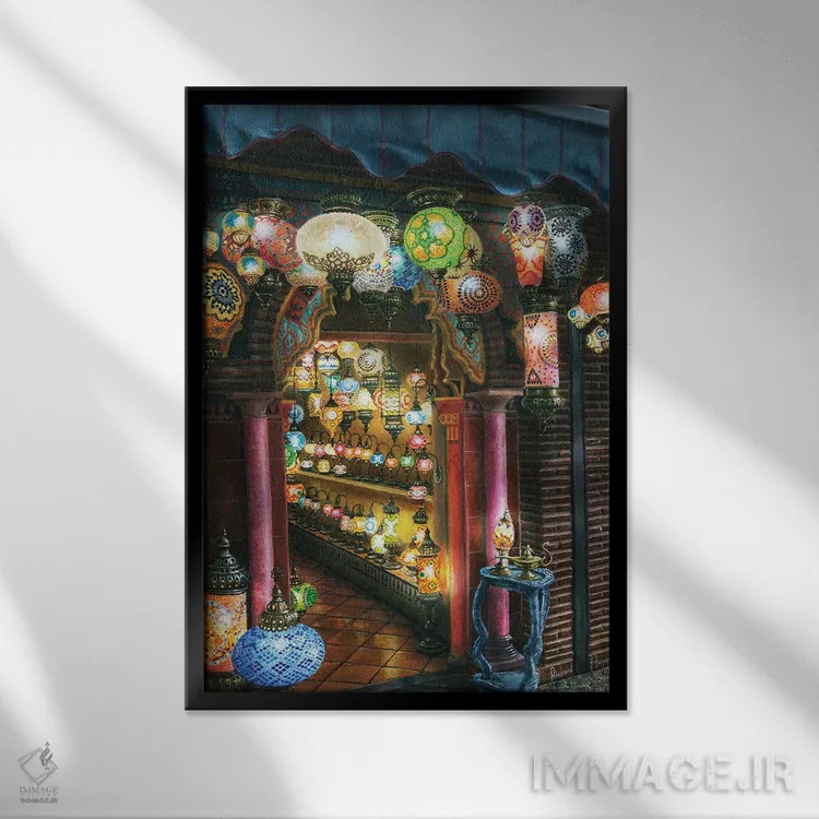 تابلو دکوراتیو چراغ فروشی در شب، آلبایسین، گرانادا، اسپانیا اثر ریچارد هارپوم - نمای قابدار مشکی