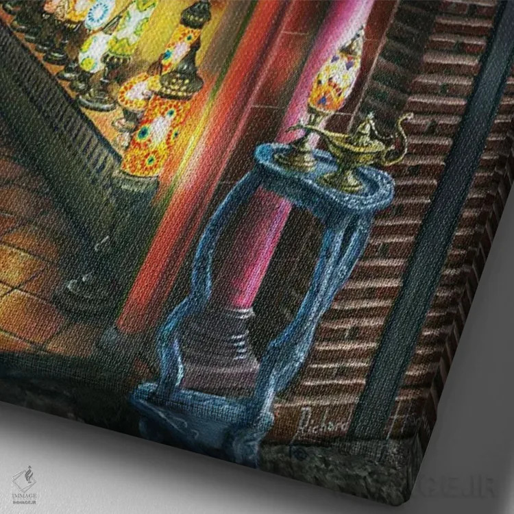 تابلو دکوراتیو چراغ فروشی در شب، آلبایسین، گرانادا، اسپانیا اثر ریچارد هارپوم - نمای نزدیک بافت بوم