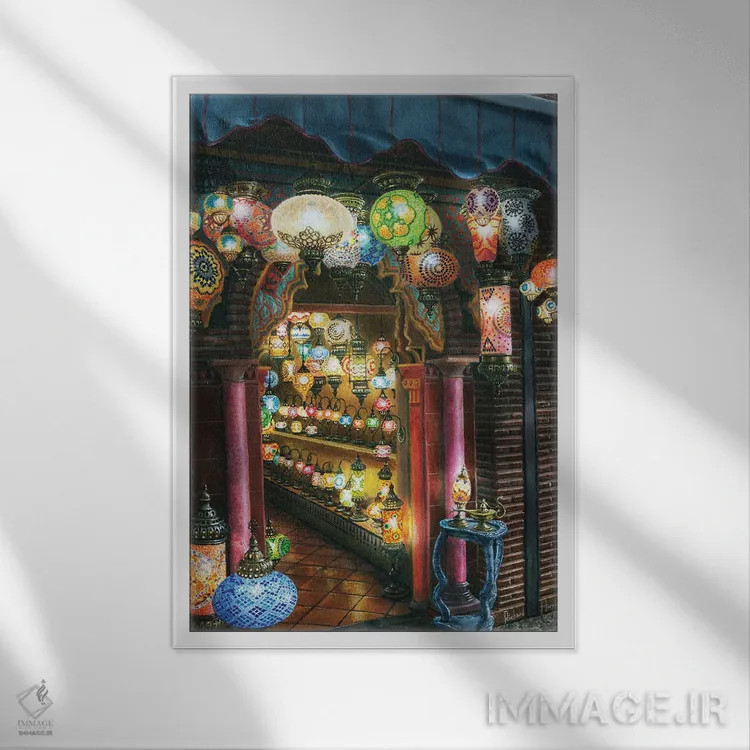 تابلو دکوراتیو چراغ فروشی در شب، آلبایسین، گرانادا، اسپانیا اثر ریچارد هارپوم - نمای قابدار سفید