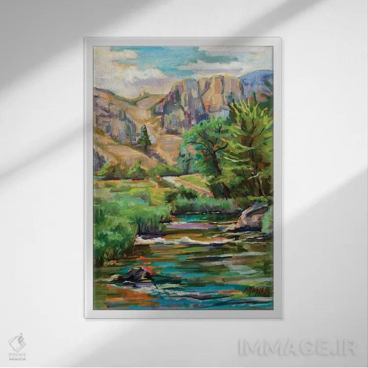 تابلو انتزاعی دره رود پروانه دم چلچله ای اثر ماری مسی - نمای قابدار سفید