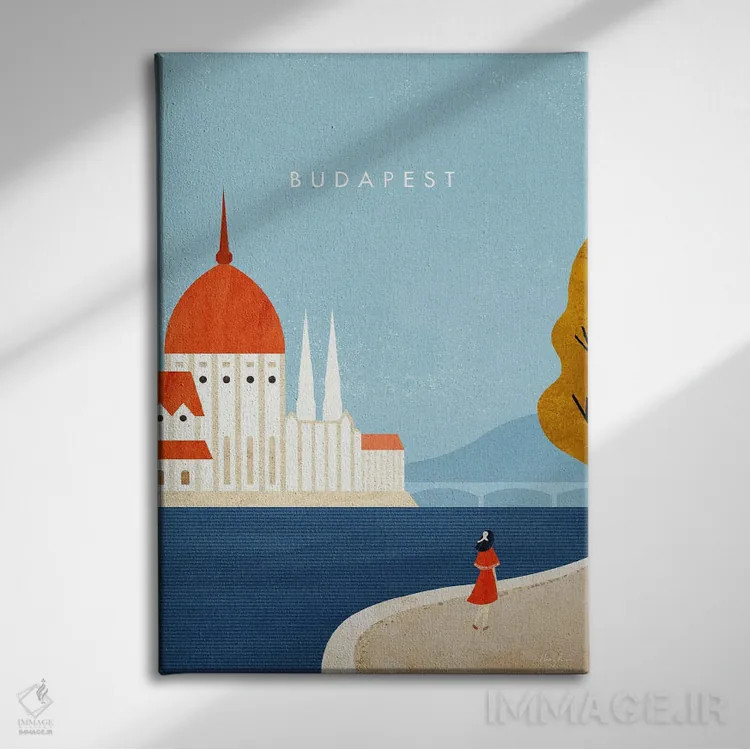 تابلو دکوراتیو Hungary Travel Poster,پوستر سفر بوداپست اثر هنری ریورز - نمای روبهرو روی دیوار