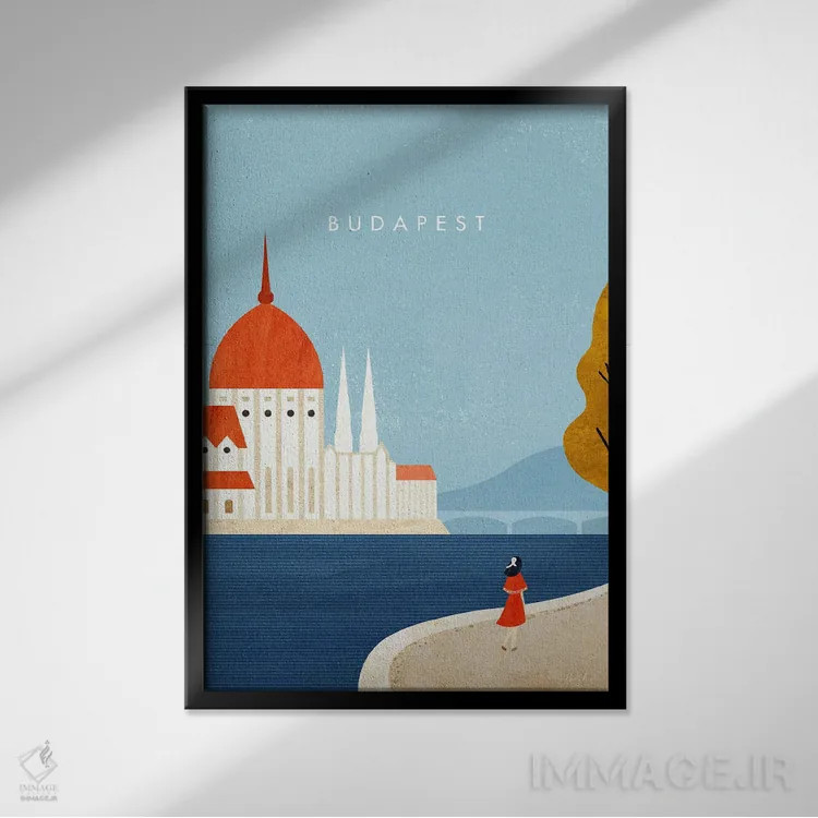 تابلو دکوراتیو Hungary Travel Poster,پوستر سفر بوداپست اثر هنری ریورز - نمای قابدار مشکی